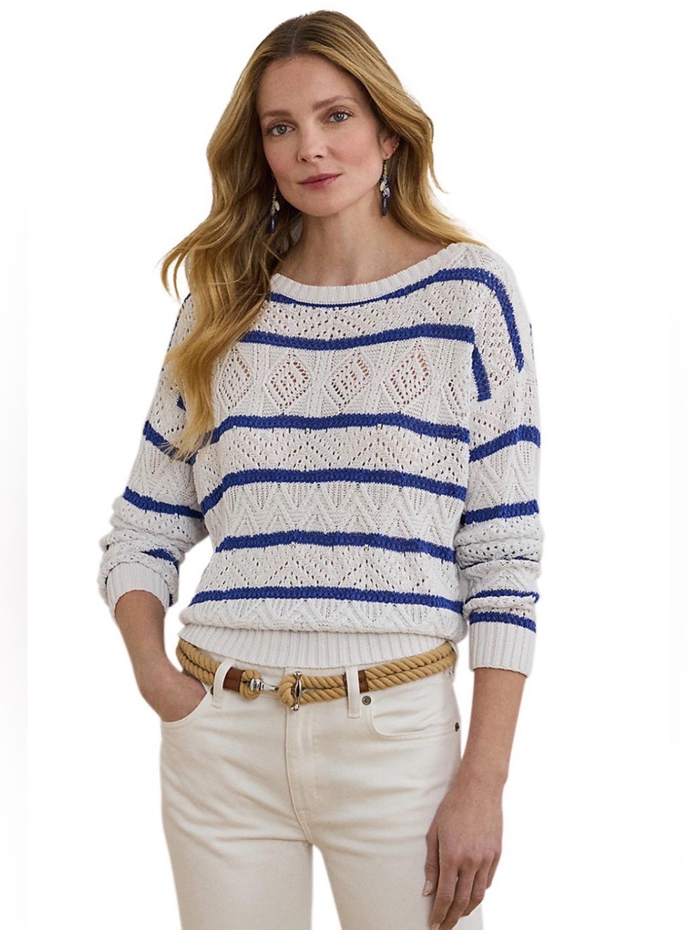 Lauren Ralph Lauren Striped Pointelle Sweater White & Blue Pullover Size L $195